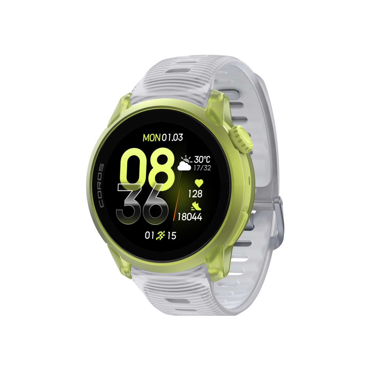 Front three-quarter view of COROS PACE 4 Neon Yellow / Silicone / Cloud White