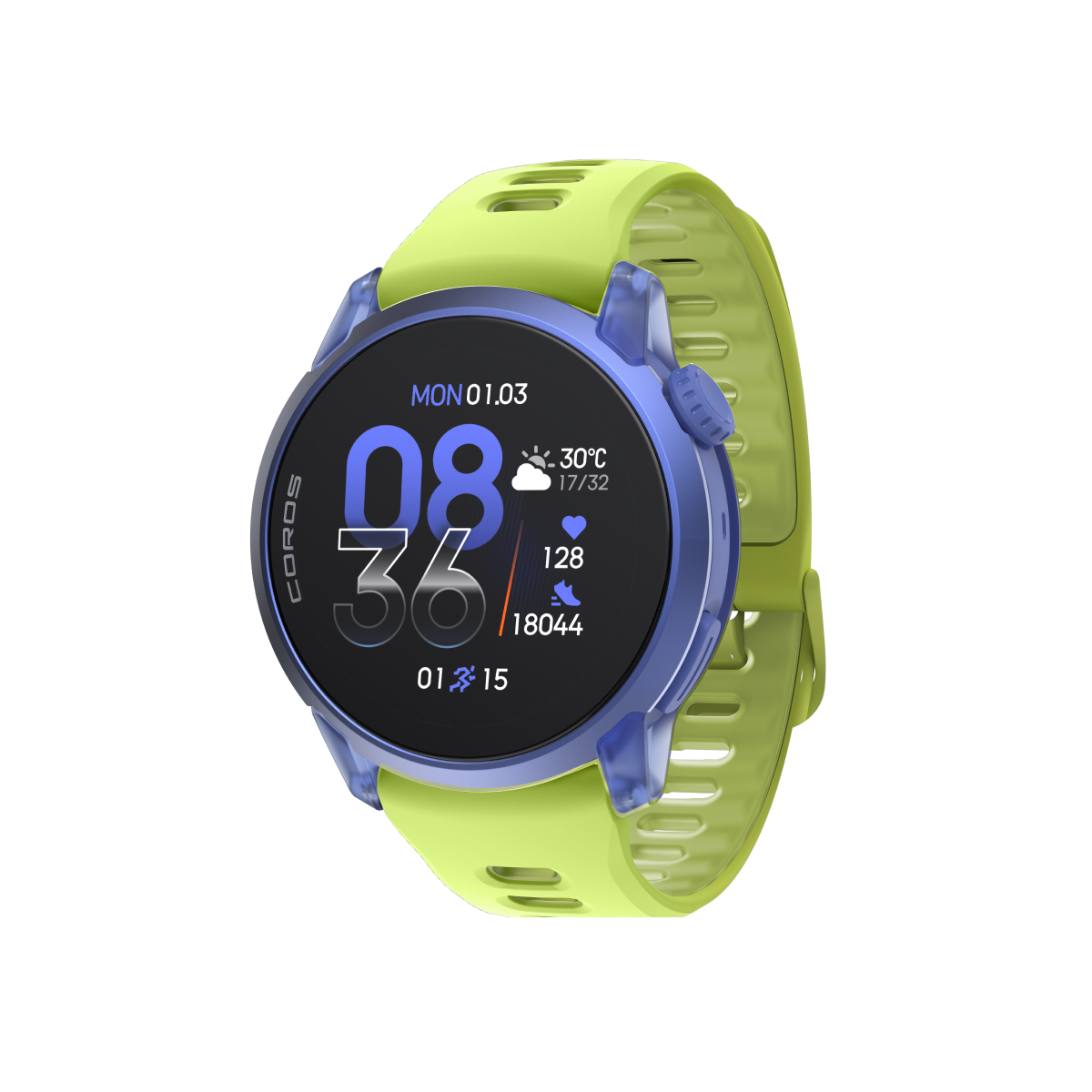 Front three-quarter view of COROS PACE 4 Ultraviolet / Silicone / Neon Yellow