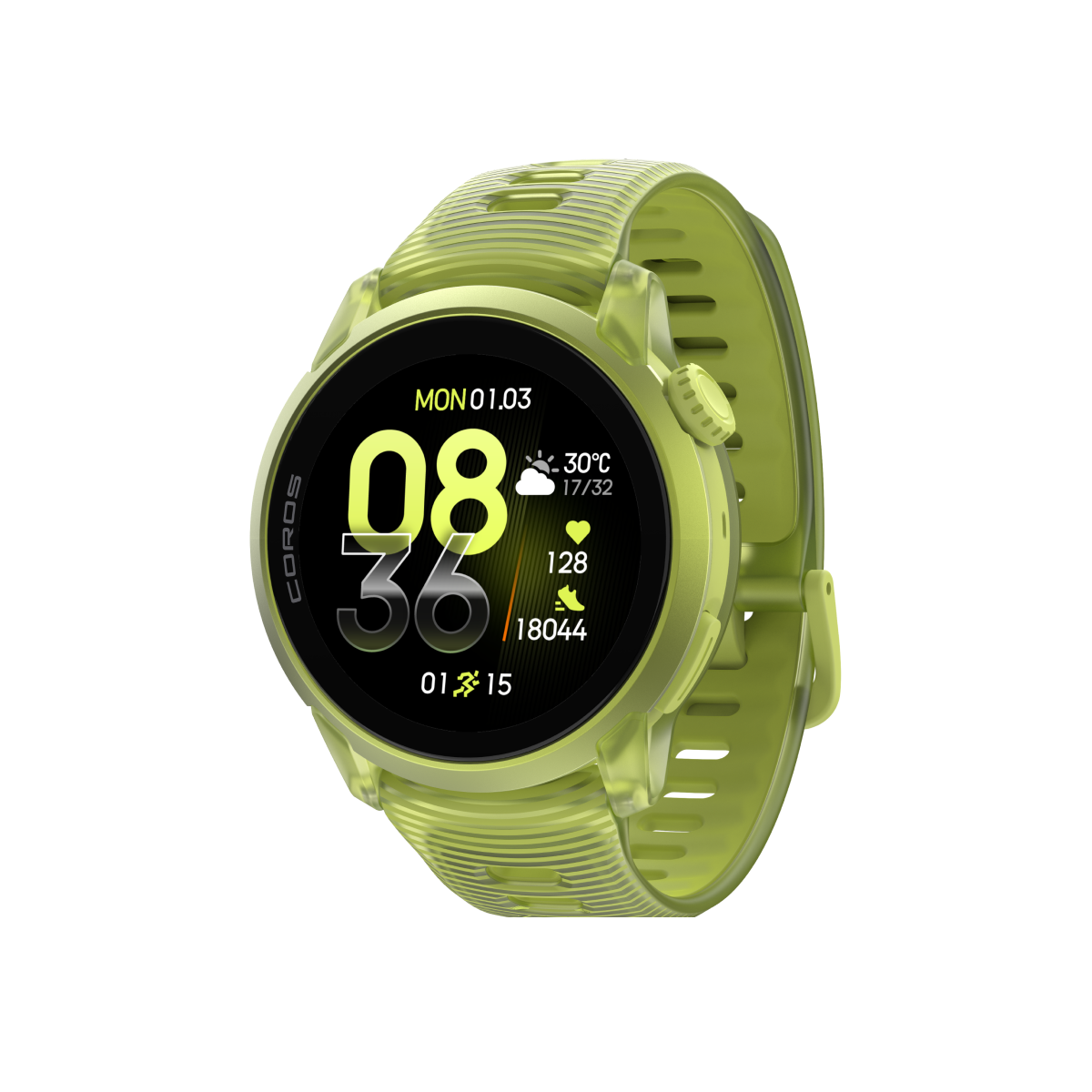 Front three-quarter view of COROS PACE 4 Neon Yellow Silicone